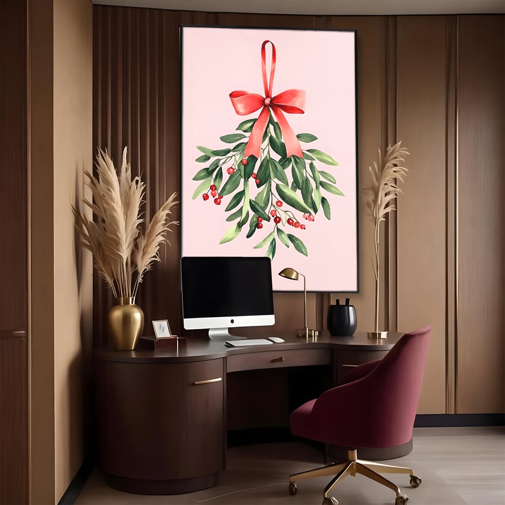 Tablou canvas cu ilustratie digitala cu creanga de vasc agatata de o funda rosie, in rama de aluminiu negru, pe perete intr-un birou